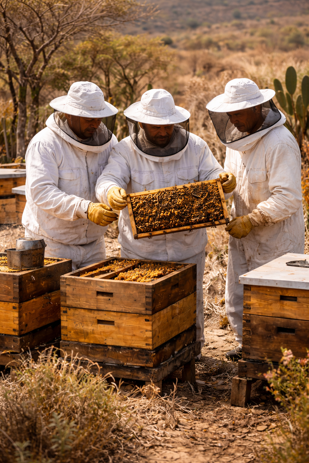 Brazilian beekeepers inspecting hives